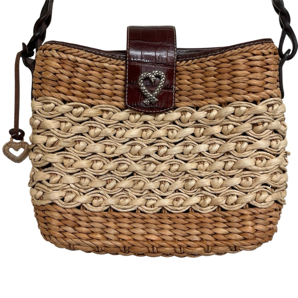 Brighton Straw Shoulder Handbag Leather Closure Strap Logo Heart FOB